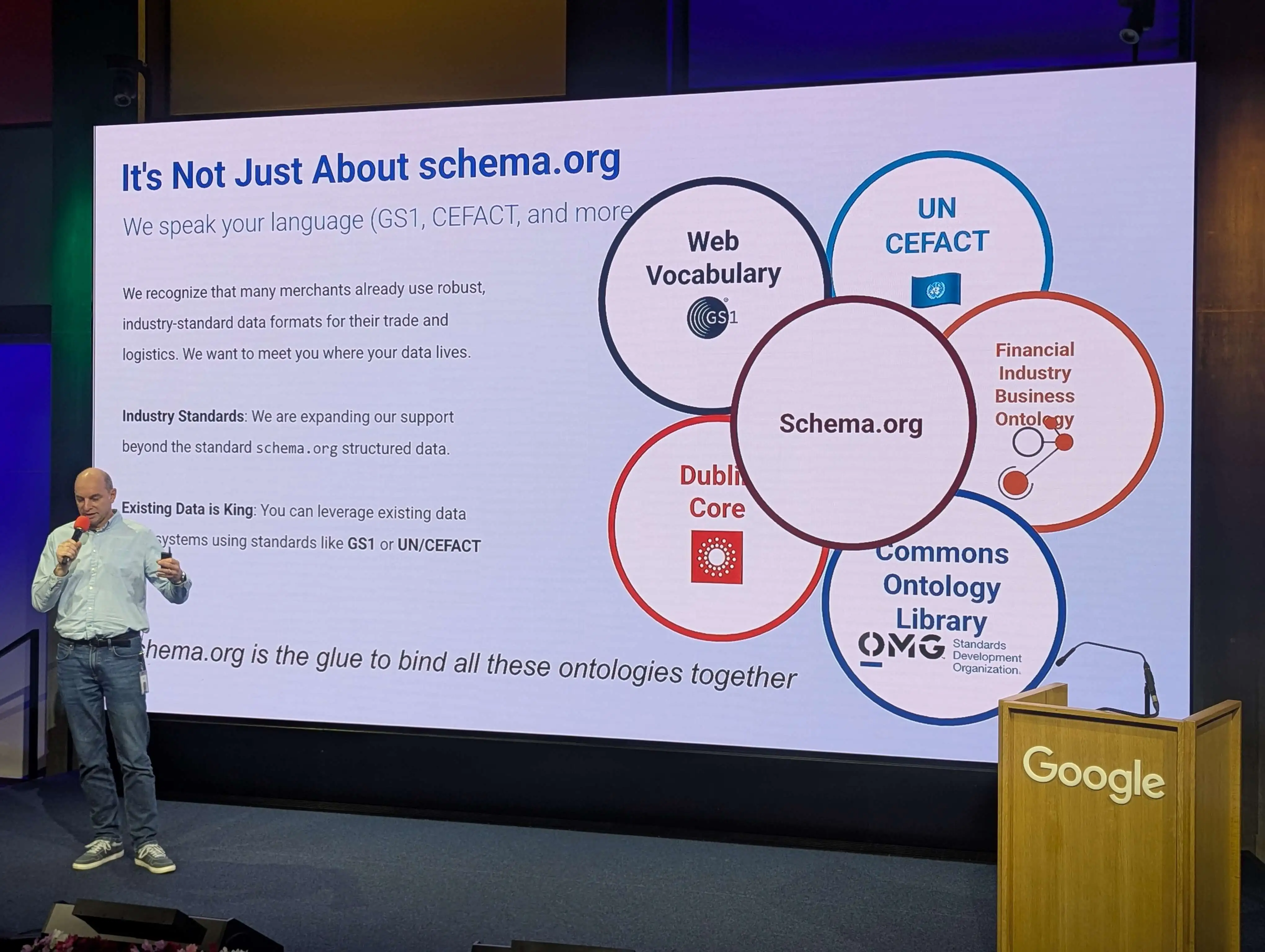 Pascal Fleury presenting structured data options for shopping at Google Search Central Live Zurich, showing how product data standards connect to agentic commerce SEO.