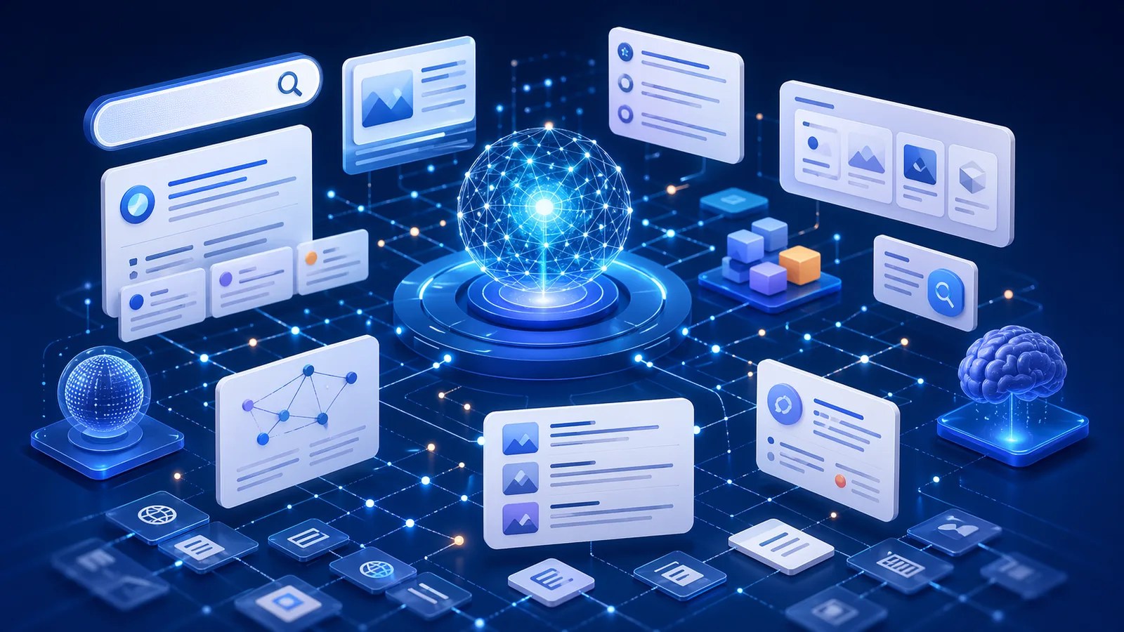 AI search engines landscape with connected answer cards, citation panels, and neural search nodes