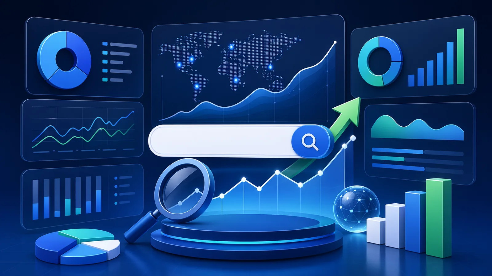 Bing search statistics analytics dashboard with market share charts, search trends, and growth data