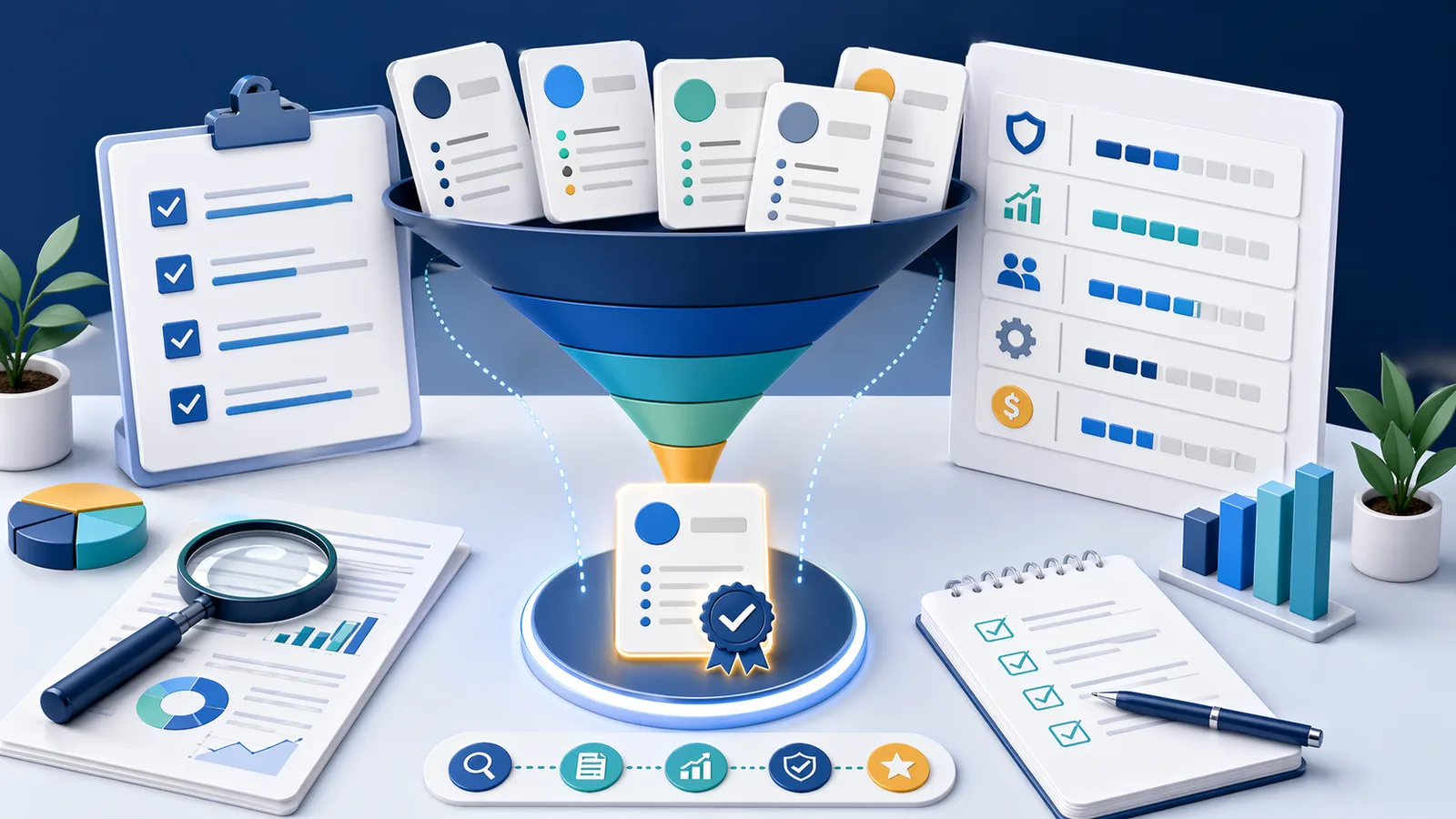 SEO company selection funnel with audit checklist, comparison cards, and performance evaluation graphics