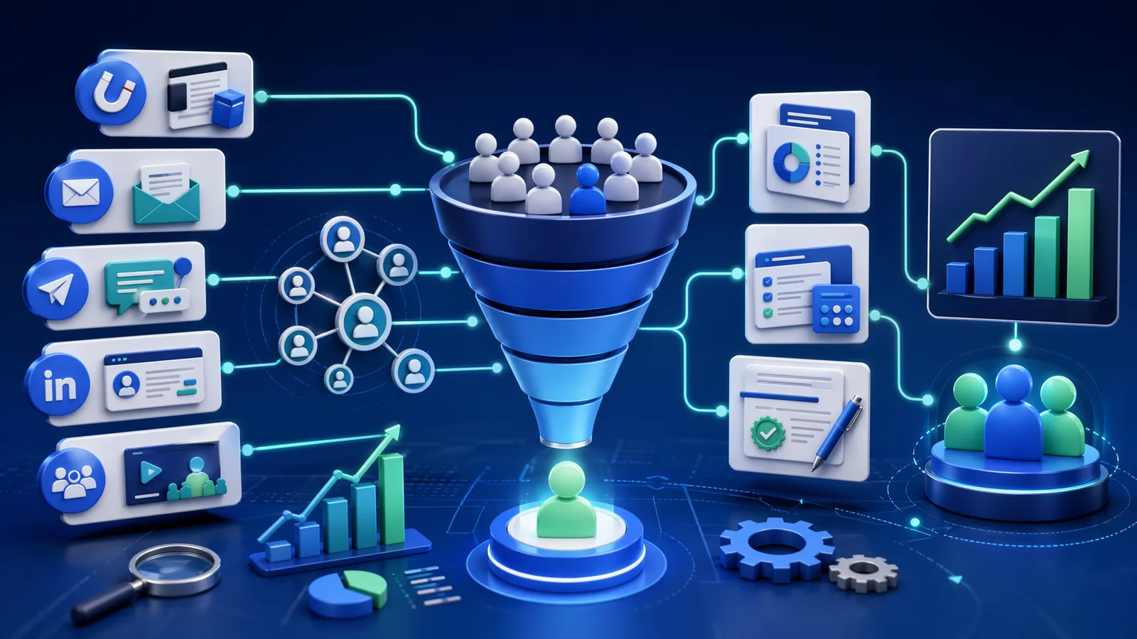 SEO client acquisition funnel connecting outreach channels, referral networks, proposals, and revenue growth