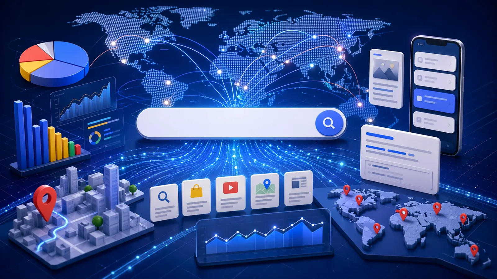 Google search statistics dashboard with global query streams, mobile search cards, and local intent data
