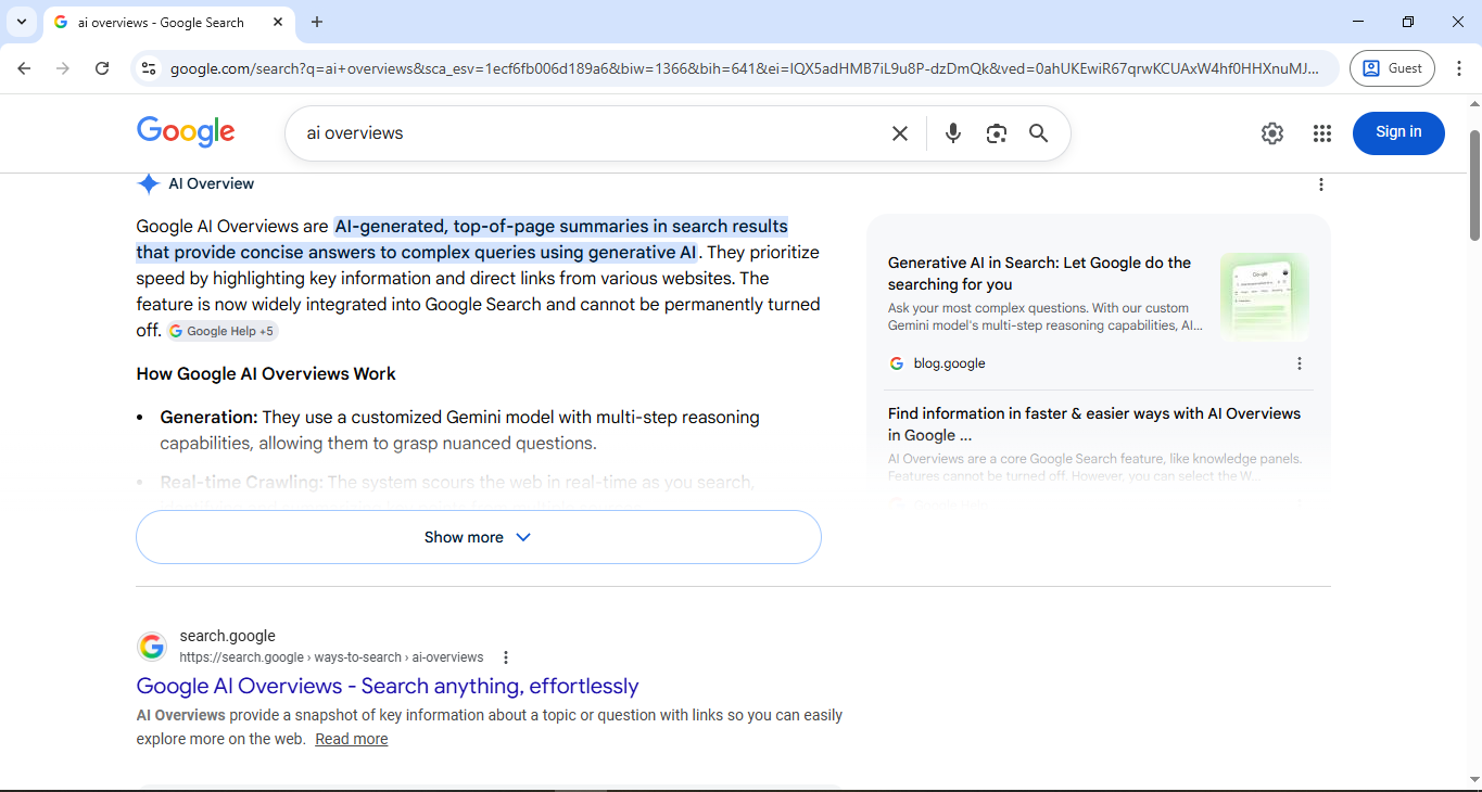 Screenshot Showing Google AI Overviews For The Query AI Overviews.