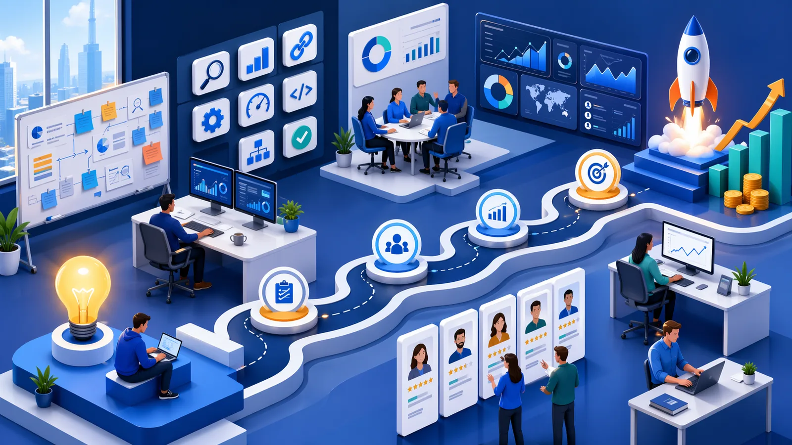 SEO business startup roadmap with agency systems, strategy dashboards, team roles, and growth milestones