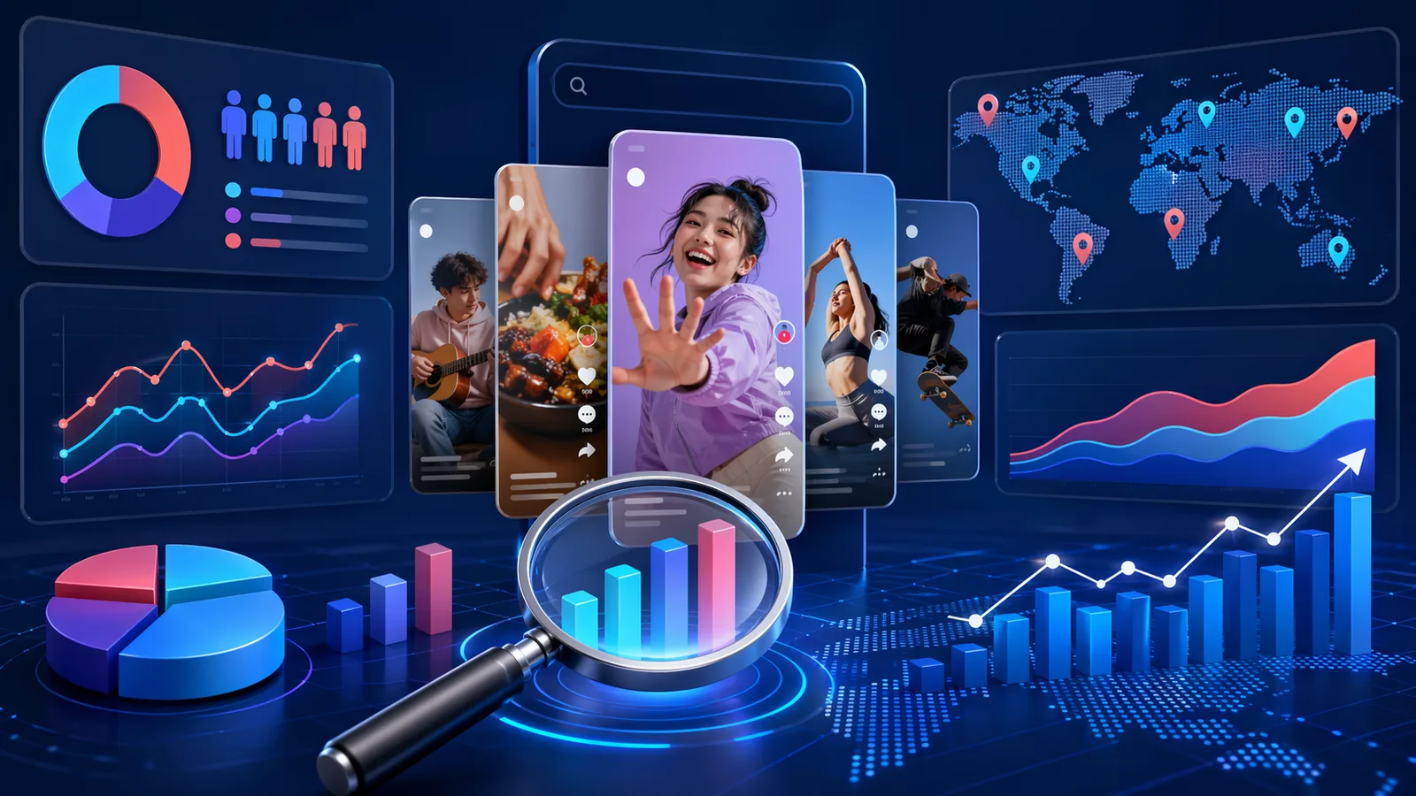 TikTok search statistics dashboard with vertical video discovery cards, trend charts, demographics, and country pins